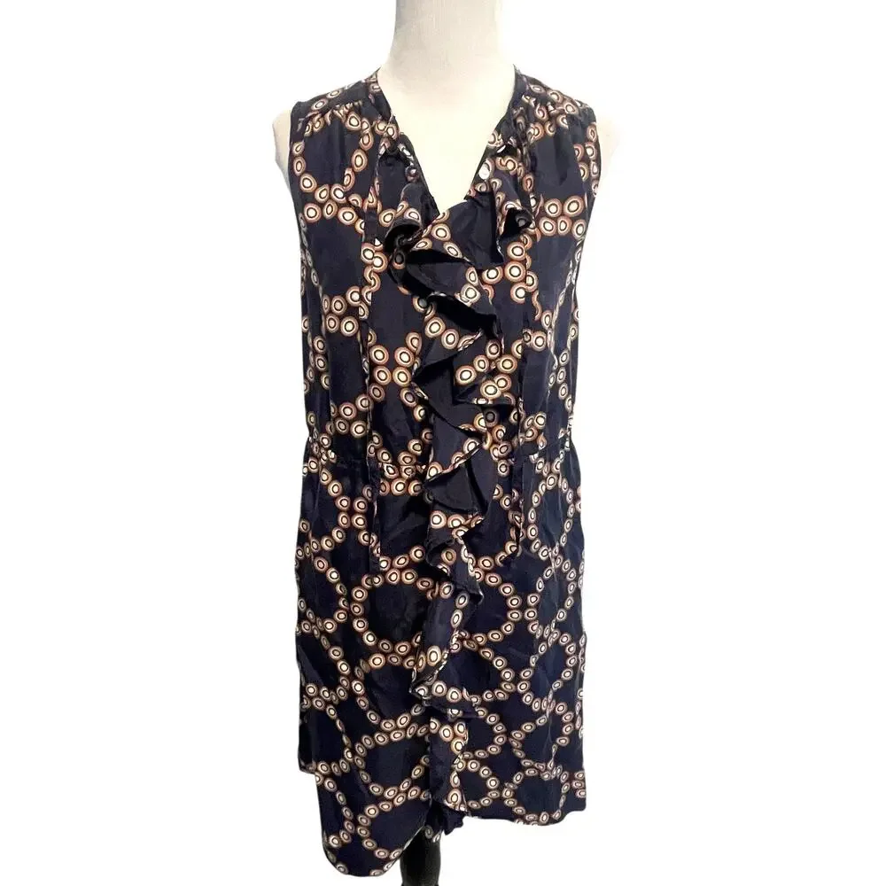 Anthropologie LIL Bullseye Silk Dress Womens Size 4 Blue Geo Print Ruffle Career - Picture 2 of 10